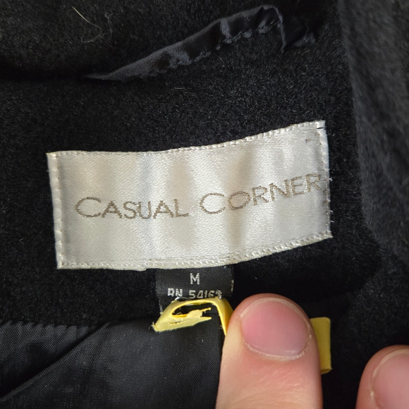 90s Vintage Black Wool Blend Toggle Closure Leather Trim Overcoat Size Medium - Picture 7 of 13